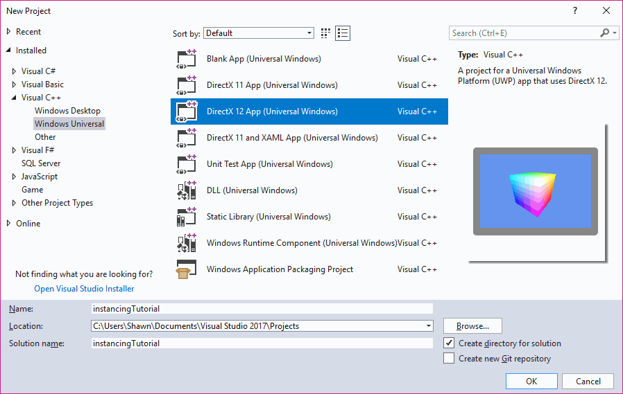 Picture showing dialog to open DirectX 12 App (Universal Windows) Visual C++ Template